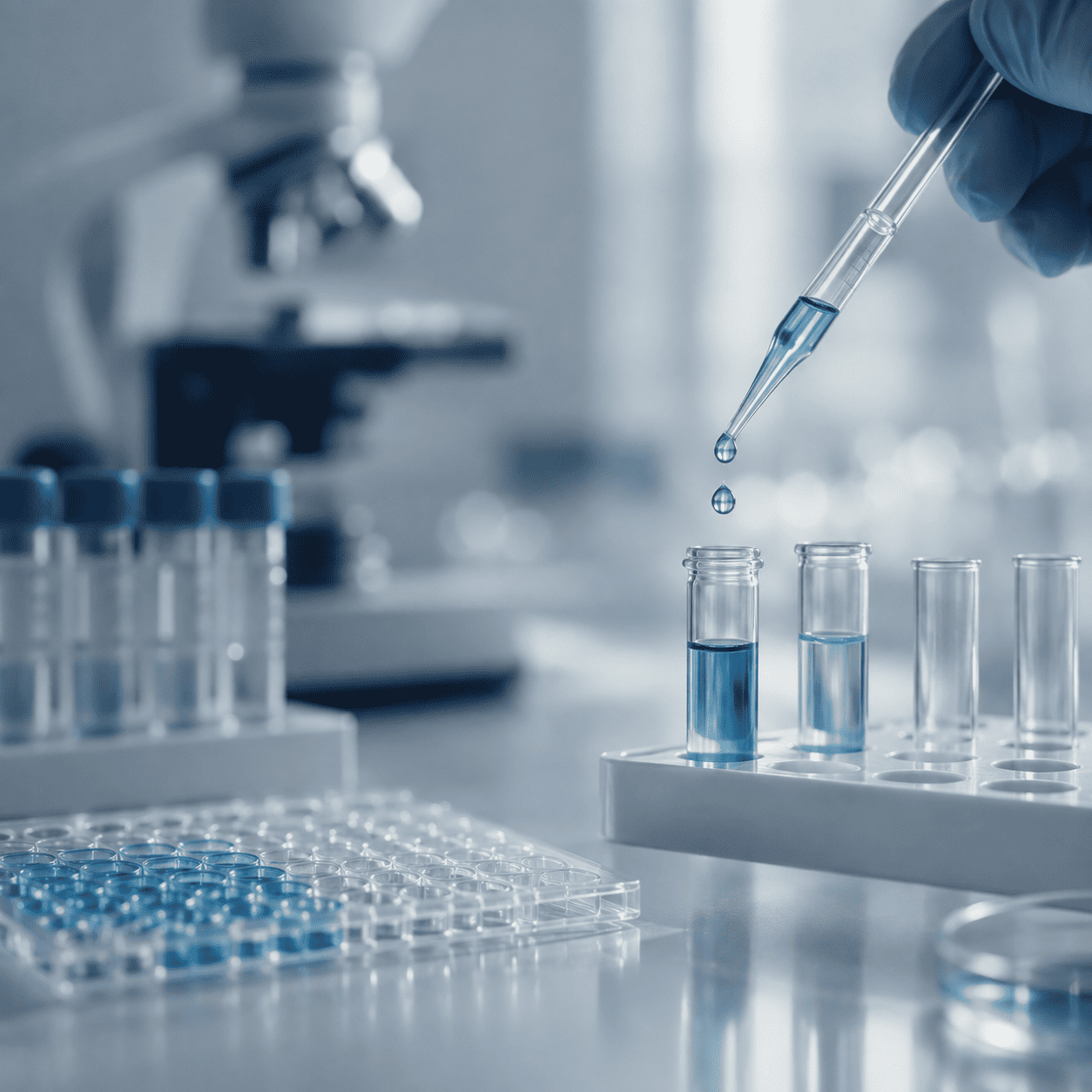 A gloved hand pipetting a sample into a rack of vials beside a microtitre plate