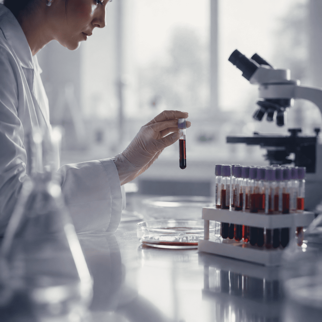 A laboratory scientist holding a blood sample tube beside a rack of blood tubes and a microscope