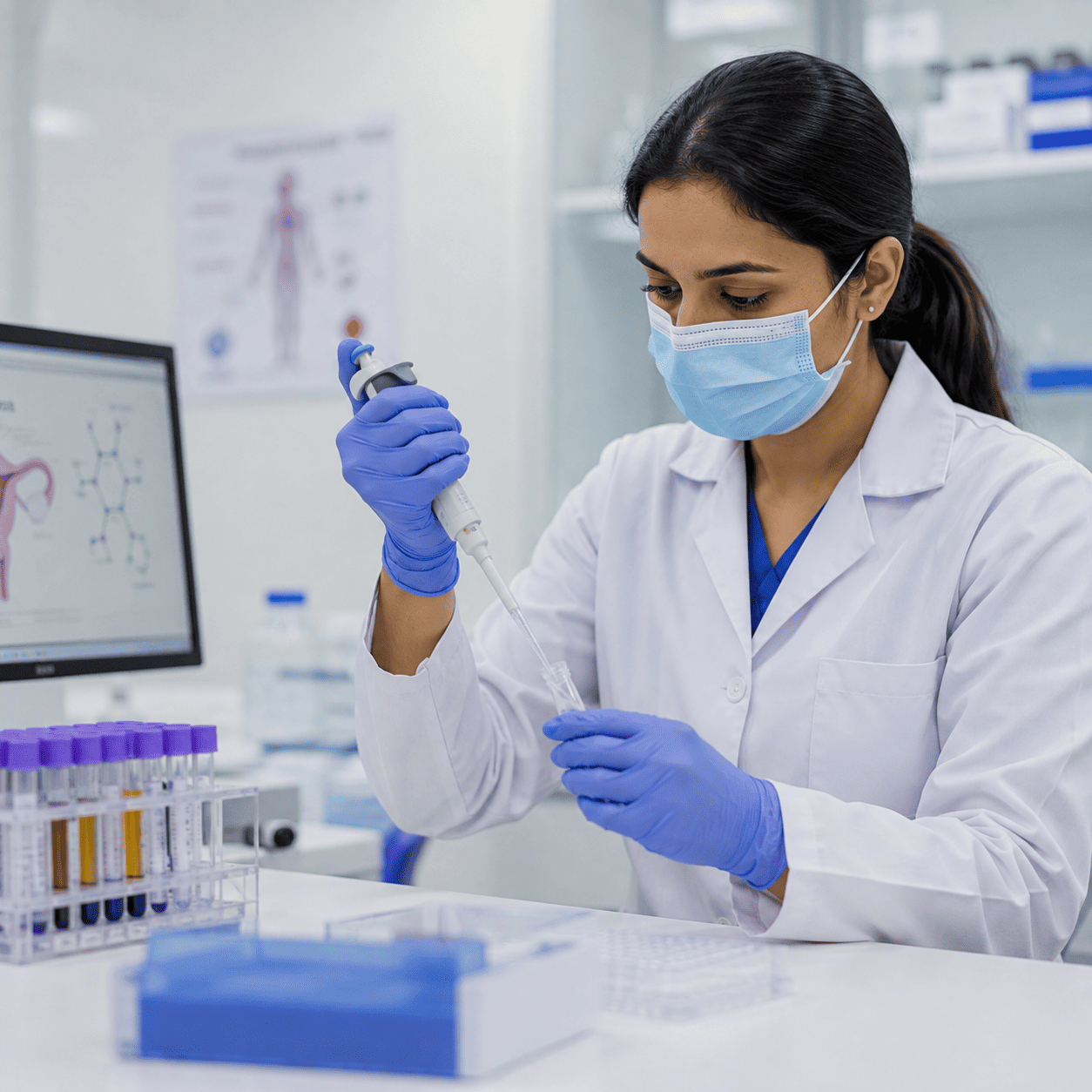 A laboratory scientist pipetting a sample into a tube beside a rack of samples