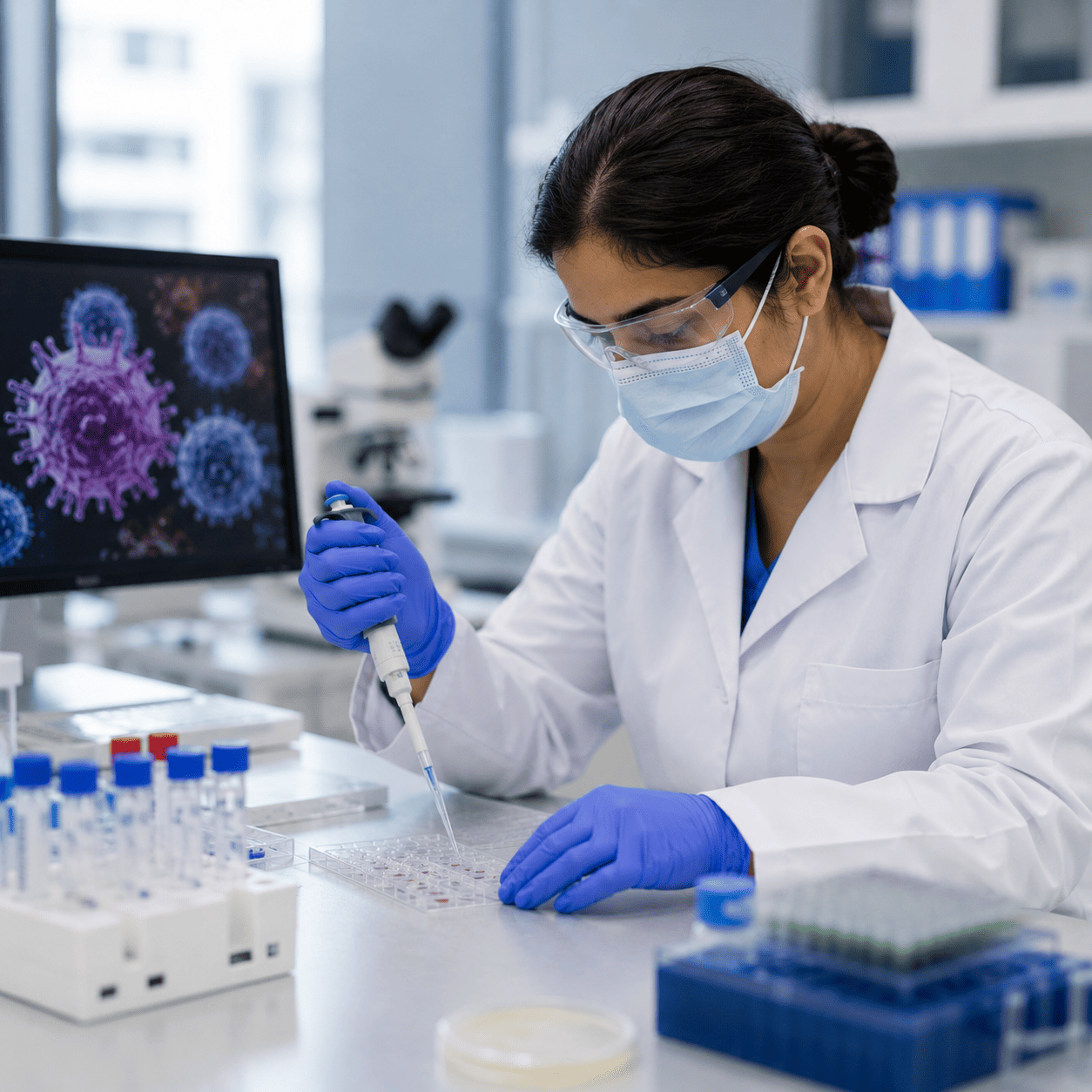 A laboratory scientist pipetting into a microtitre plate beside a screen showing virus particles