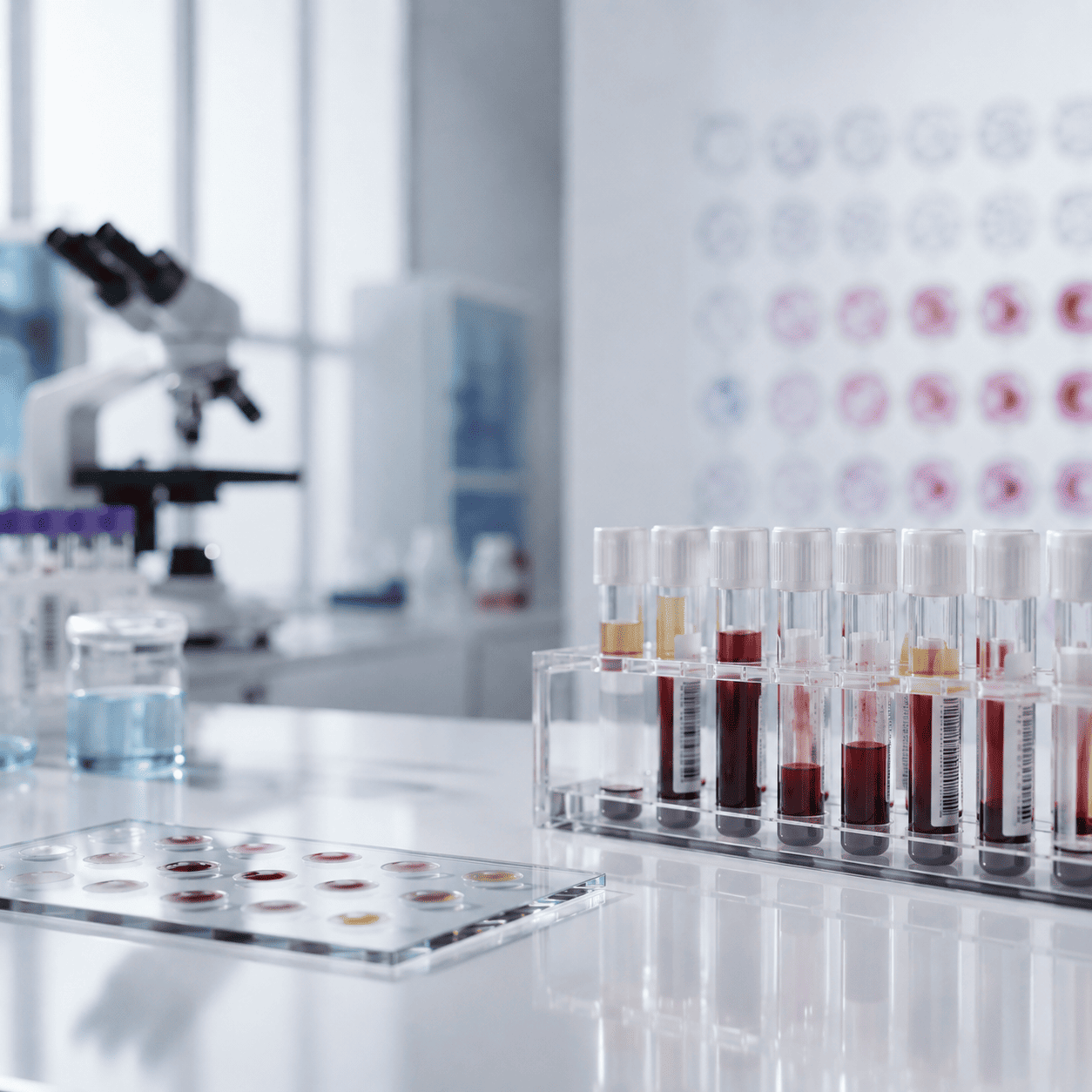 A rack of labelled blood sample tubes beside a slide tray and a microscope